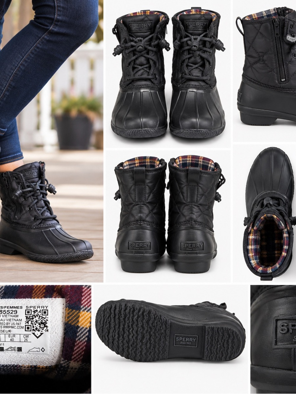 Sperry Men's Black Waterproof Duck Boots with Plaid Lining
